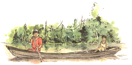 Amazon children in their dugout canoe...